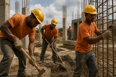 Équipe d'entreprise générale du bâtiment en Martinique ALGERBAT à l'œuvre sur chantier medium