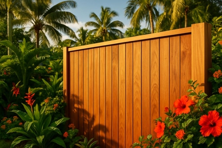 Clôture bois haute qualité posée dans un jardin en Martinique, esthétique tropicale et robustesse optimale