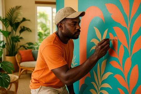 Peintre décorateur en Martinique - salon moderne aux couleurs tropicales et finitions soignées