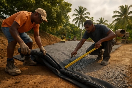 Préparation terrassement d’un dallage béton en Martinique avec pente et drainage