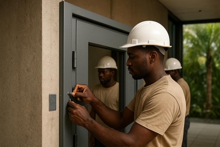 Installation de porte coupe-feu EI60 en Martinique par ALGERBAT, pose certifiée et durable