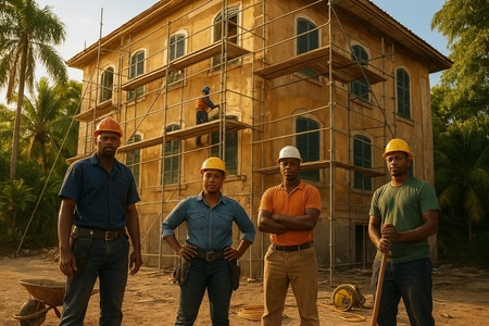 Chantier de rénovation de bâtiment collectif en Martinique avec équipe multi-corps d’état ALGERBAT