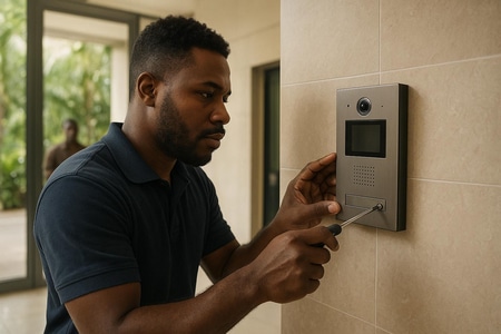 Interphone vidéo Martinique installé dans un hall d immeuble collectif sécurisé