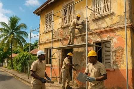 Travaux après sinistre en Martinique sur bâtiment collectif avec reprise de maçonnerie et second œuvre