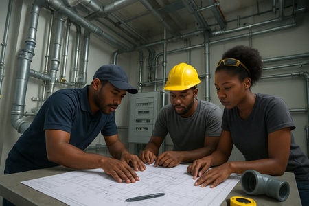 Chantier de plomberie dans des locaux professionnels en Martinique planifié par Algerbat