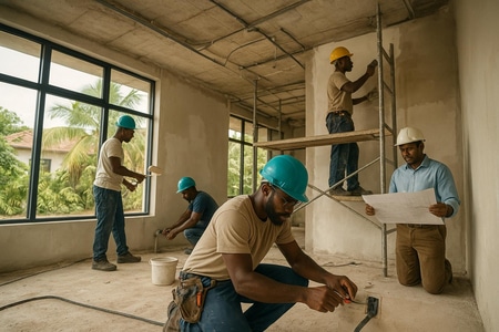 Chantier de rénovation de locaux professionnels en Martinique par entreprise bâtiment multi-corps d état