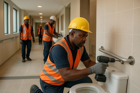 Installation WC Martinique dans bâtiment collectif avec sanitaires conformes et accessibles