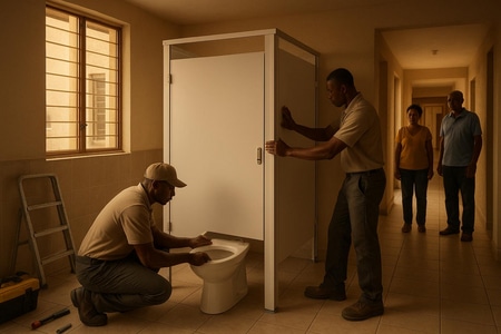 Installation WC Martinique dans parties communes d’immeuble collectif par entreprise générale