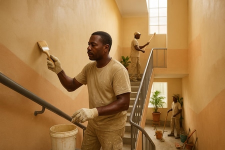 Rénovation de peinture professionnelle en Martinique dans les parties communes d’un immeuble collectif