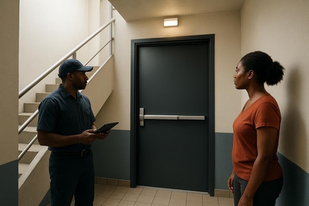 Porte coupe feu bâtiment Martinique dans cage d escalier immeuble collectif