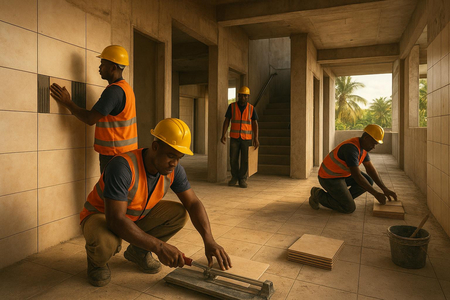 Chantier de pose de faïence en Martinique dans locaux professionnels et immeuble collectif