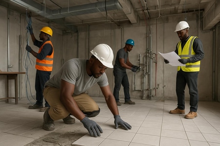 Travaux de carrelage dans des locaux professionnels en Martinique avec coordination multi-corps d état