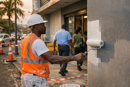 Chantier de peinture extérieure en Martinique sur locaux professionnels occupés