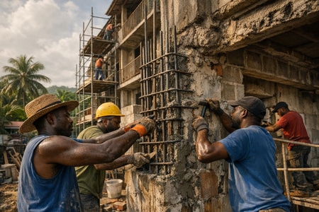 Maçonnerie générale en Martinique sur bâtiment collectif en rénovation, murs porteurs et façades renforcés