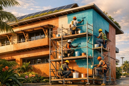 Peinture extérieure Martinique sur façade de bâtiment collectif professionnel durable