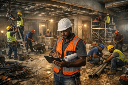 Chantier de maçonnerie générale en Martinique dans des locaux professionnels avec multi-corps d état coordonnés