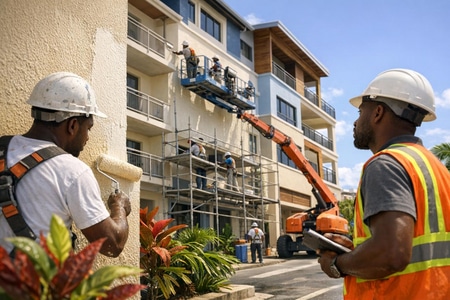 Rénovation peinture extérieure Martinique sur bureaux et immeuble collectif par entreprise générale