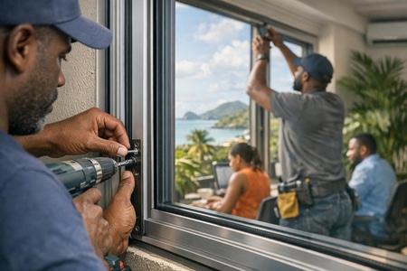 Pose de fenêtres aluminium en Martinique dans des locaux professionnels occupés