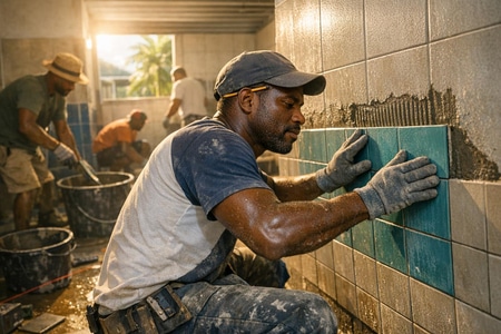 Rénovation de salle de bain collective en Martinique avec carrelage professionnel