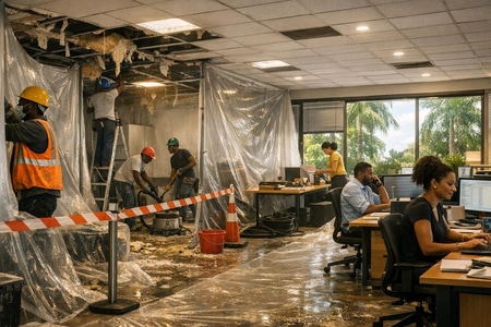 Chantier de travaux post cyclone en Martinique dans des locaux professionnels occupés