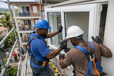 menuiserie pvc martinique sur batiment collectif en site occupe par entreprise multi-corps detat