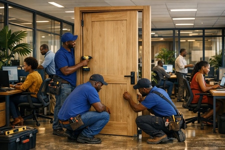 Pose de portes en Martinique dans des locaux professionnels et bureaux occupés