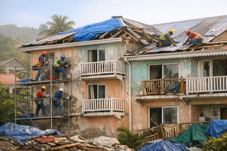 Travaux post cyclone Martinique sur bâtiment collectif avec remise en état de façade et toiture