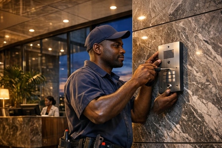 Installation professionnelle d’interphone audio en Martinique dans un immeuble de bureaux