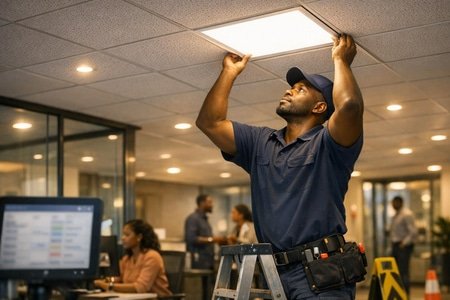 Installation luminaire Martinique en site occupé pour bureaux et copropriété avec respect des délais