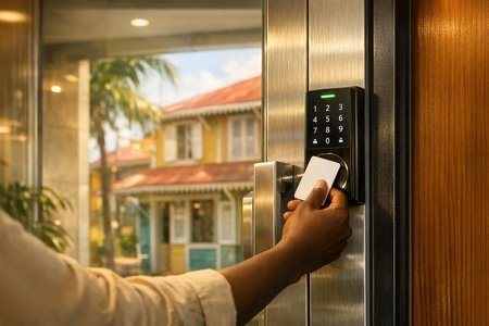 Porte de sécurité pour immeuble collectif en Martinique avec contrôle d accès sécurisé